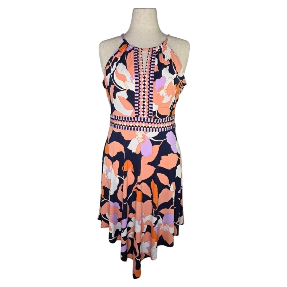 London Times Petites Halter Floral Dress 12P Navy Coral Handkerchief Hem